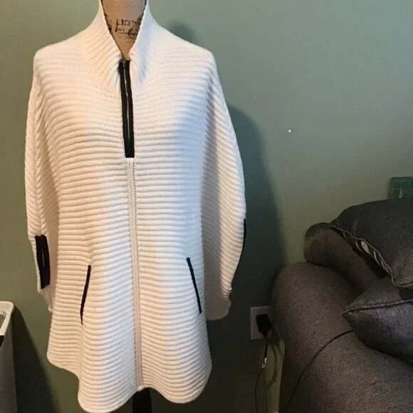 New York and Company Faux Leather Trim Zip Poncho White - Picture 2 of 7